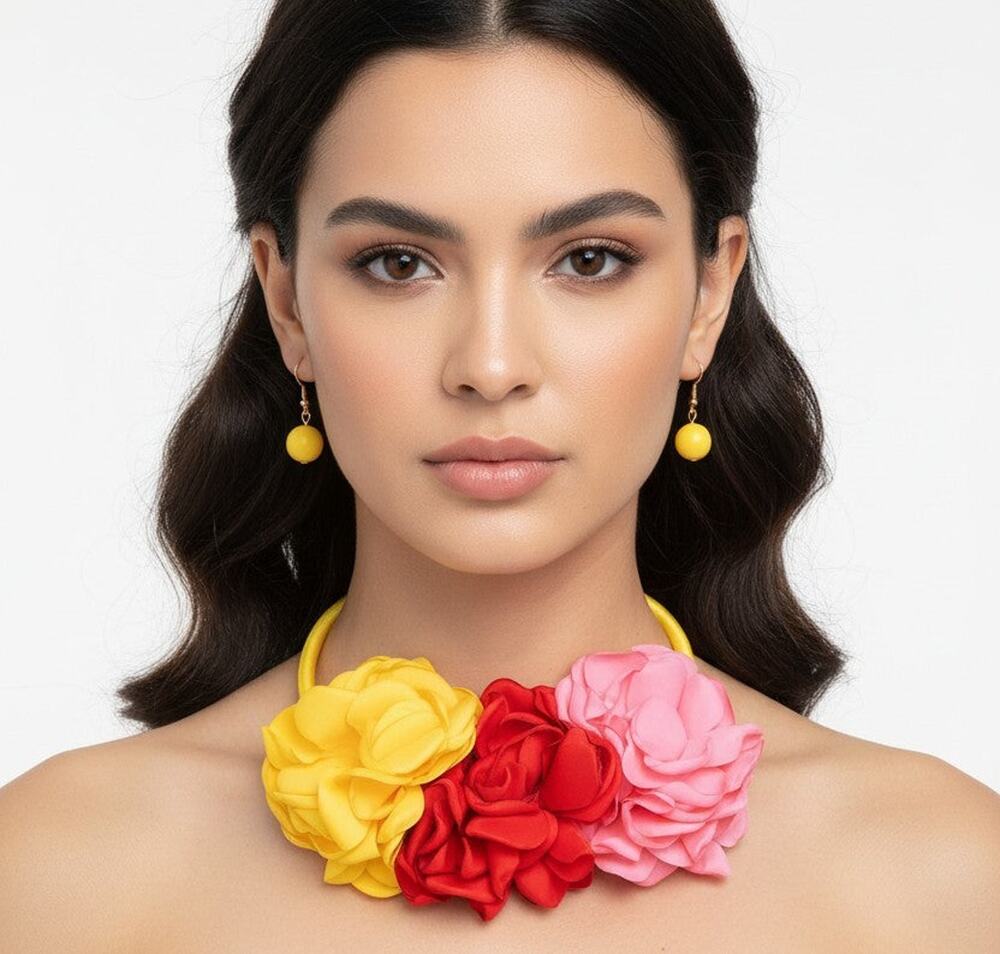 Pierced gold, yellow, red, pink fabric flower necklace and earring set